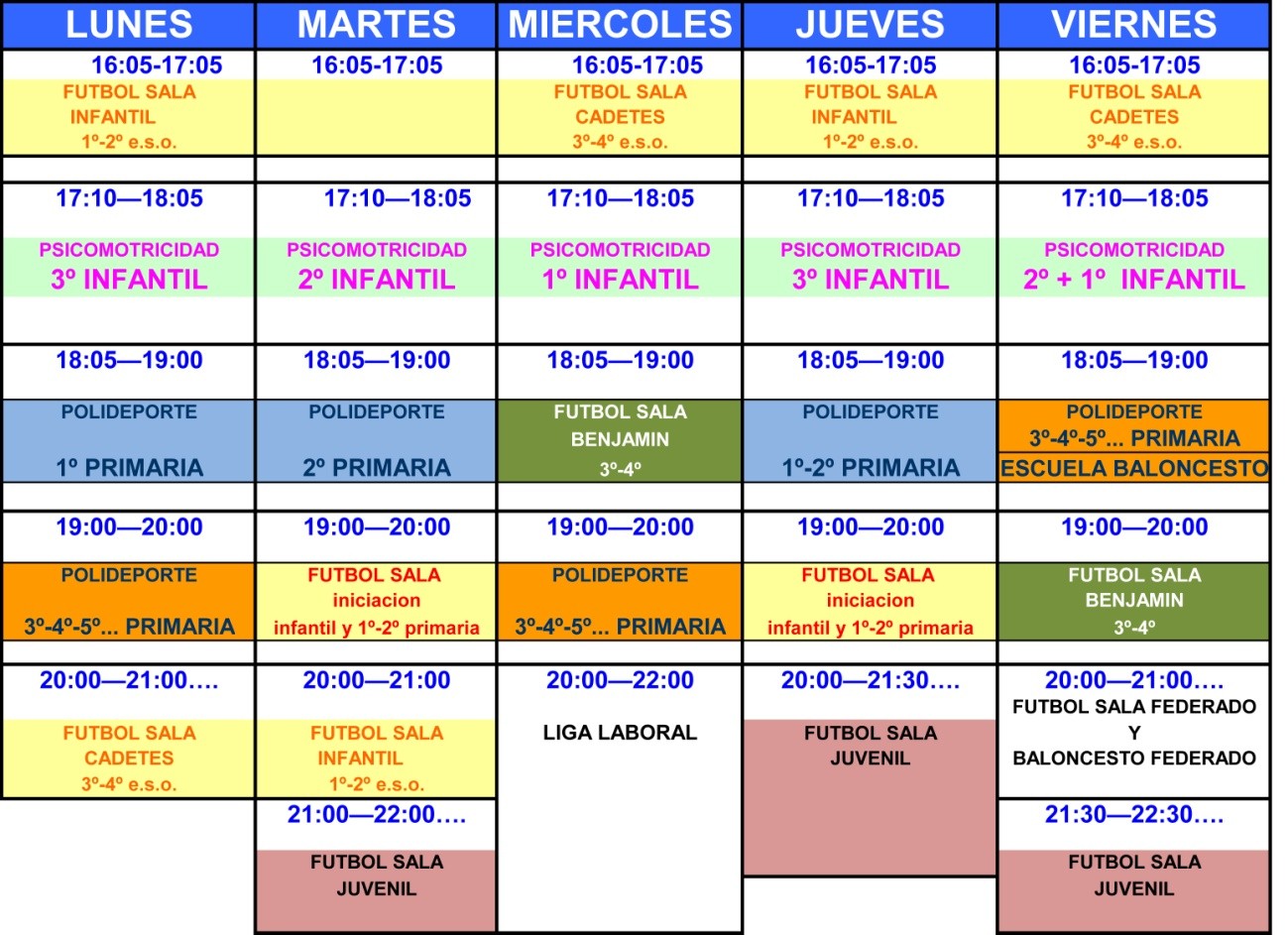 CALENDARIO ESCUELA DEPORTIVA