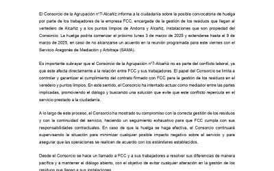 Posible huelga de trabajadores de FCC encargada de la gestión de residuos en el vertedero de Alcañiz, Estación de Transferencia de envases y servicio de puntos limpios de Alcañiz y Andorra y punto limpio móvil.